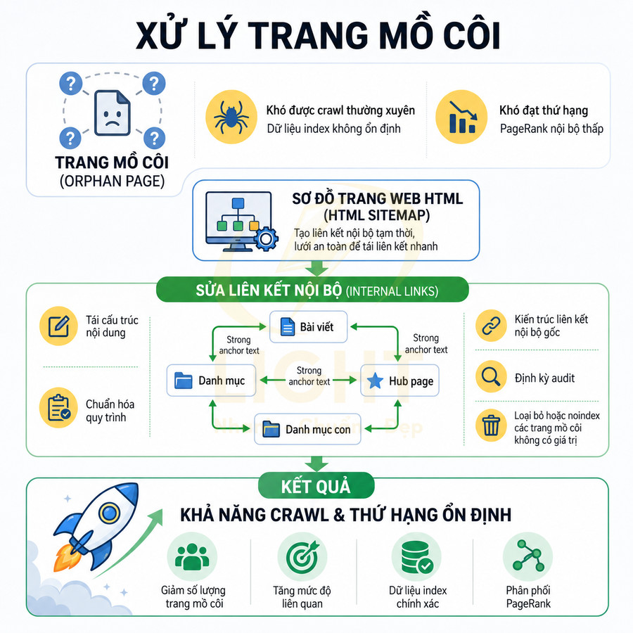 Infographic hướng dẫn xử lý trang mồ côi trong SEO bằng sơ đồ HTML sitemap và tối ưu liên kết nội bộ