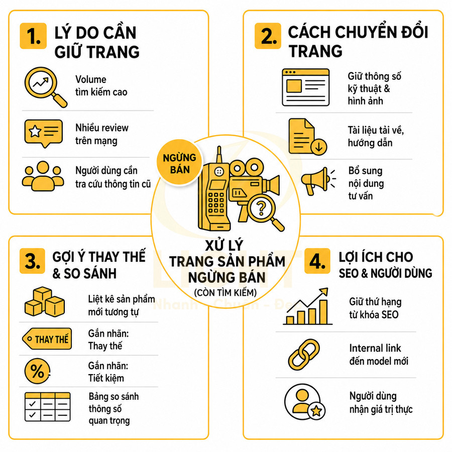 Hướng dẫn xử lý trang sản phẩm ngừng bán còn tìm kiếm với lý do giữ trang, cách chuyển đổi, gợi ý thay thế và lợi ích SEO