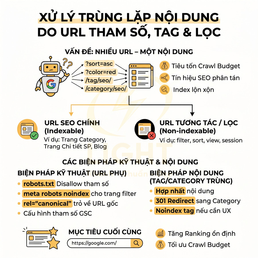 Hướng dẫn xử lý trùng lặp nội dung do URL tham số tag và lọc trong SEO website