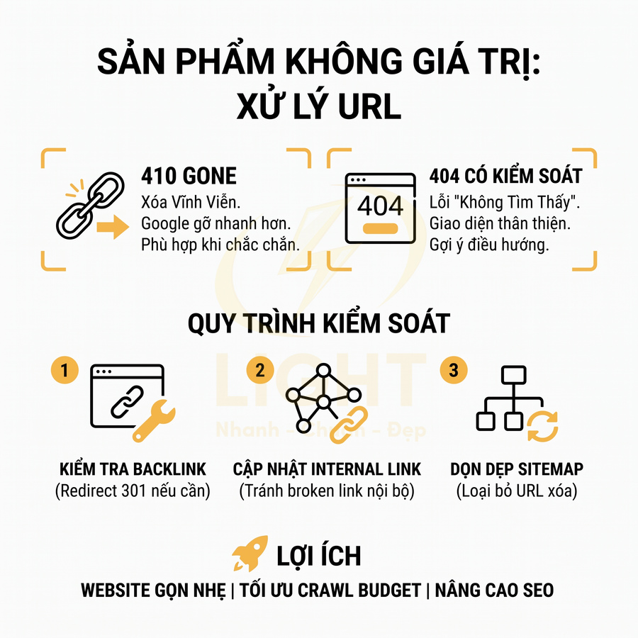 Infographic hướng dẫn xử lý URL không giá trị với 410, 404 và quy trình kiểm soát backlink, internal link, sitemap