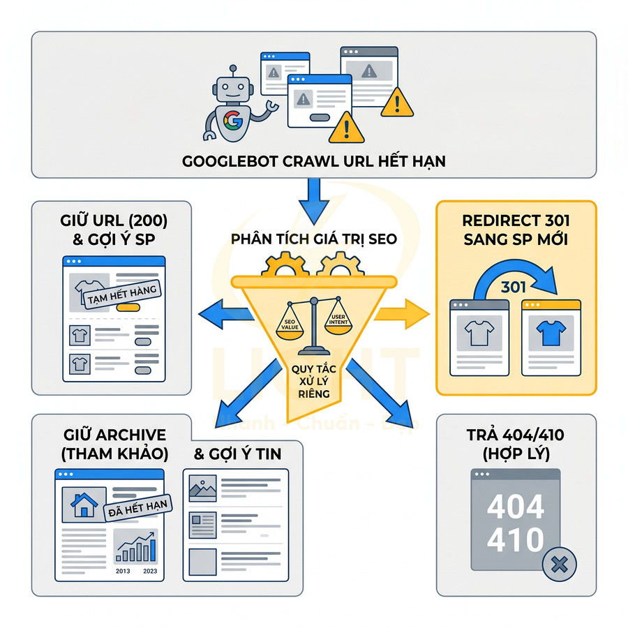 Sơ đồ xử lý URL sản phẩm hết hạn trong SEO: giữ URL, redirect 301, lưu archive hoặc trả mã lỗi 404 410