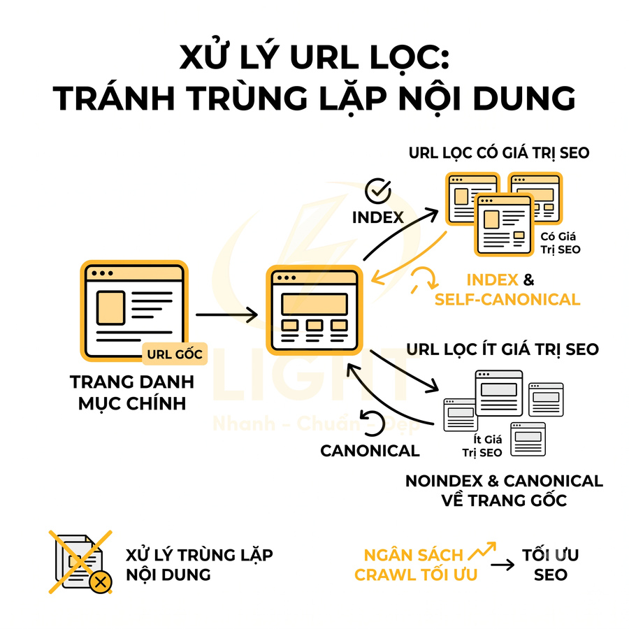 Hướng dẫn xử lý URL lọc tránh trùng lặp nội dung và tối ưu SEO, phân loại URL có giá trị và ít giá trị SEO