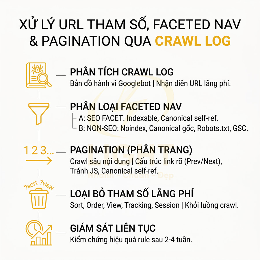 Quy trình xử lý URL tham số faceted nav và pagination trong SEO bằng phân tích crawl log