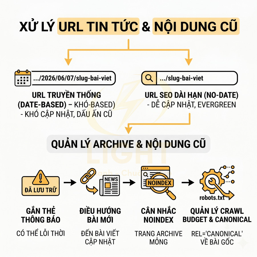 Hướng dẫn xử lý URL tin tức và nội dung cũ, so sánh URL có ngày với URL SEO dài hạn và cách quản lý archive