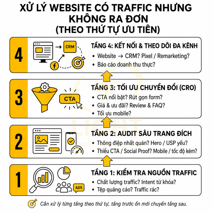 Quy trình 4 bước xử lý website có traffic nhưng không ra đơn, tập trung kiểm tra traffic và tối ưu chuyển đổi