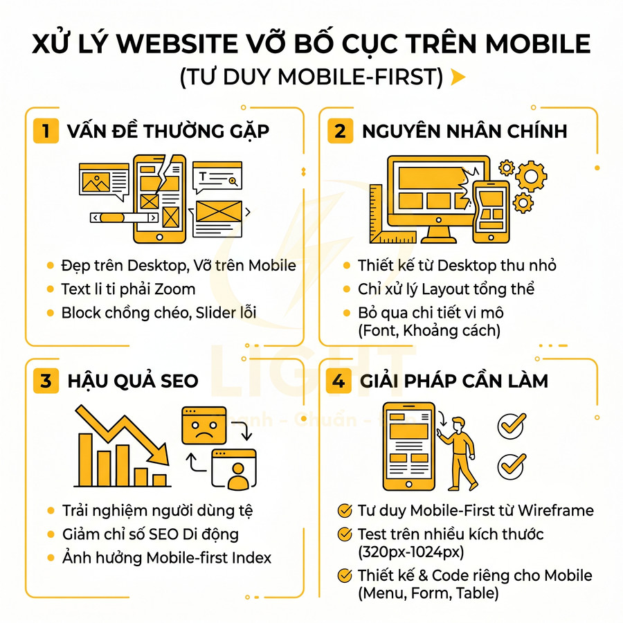 Infographic hướng dẫn xử lý website vỡ bố cục trên mobile với tư duy thiết kế mobile first