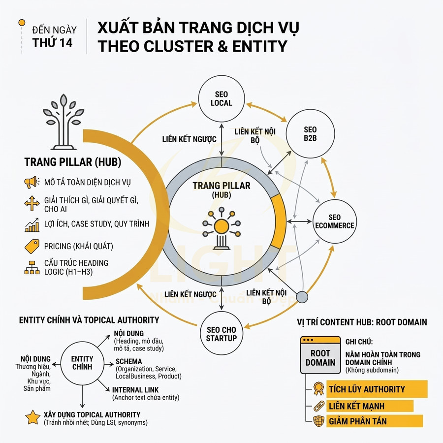 Sơ đồ chiến lược xuất bản trang dịch vụ SEO theo mô hình content hub, cluster và entity