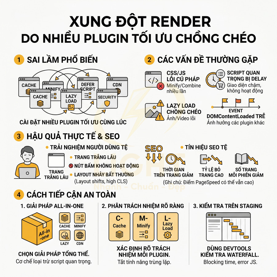 Infographic về xung đột render do cài đặt nhiều plugin tối ưu tốc độ website WordPress chồng chéo