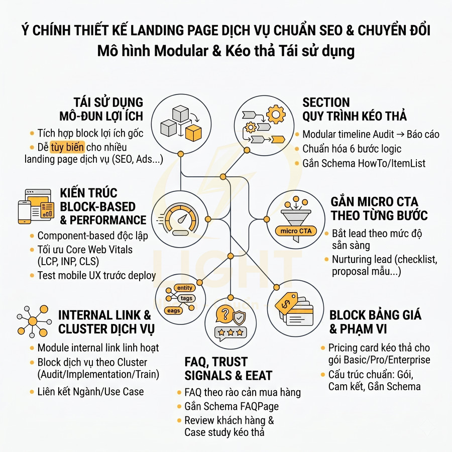 Infographic ý chính thiết kế landing page dịch vụ chuẩn SEO và chuyển đổi với mô hình modular kéo thả
