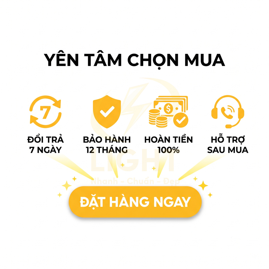Ưu đãi mua hàng với đổi trả 7 ngày, bảo hành 12 tháng, hoàn tiền 100 và hỗ trợ sau mua, nút đặt hàng ngay