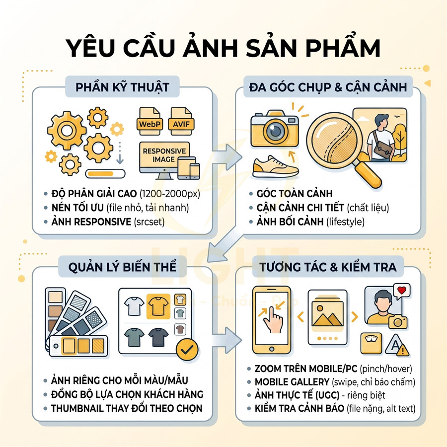 Infographic yêu cầu ảnh sản phẩm chuẩn SEO với kỹ thuật, đa góc chụp, quản lý biến thể và tương tác kiểm tra