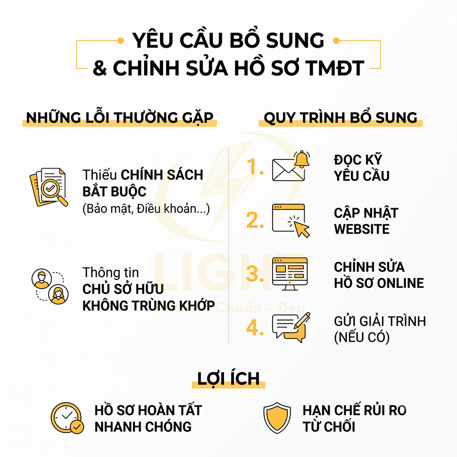 Hướng dẫn yêu cầu bổ sung và chỉnh sửa hồ sơ TMĐT, liệt kê lỗi thường gặp, quy trình bổ sung và lợi ích