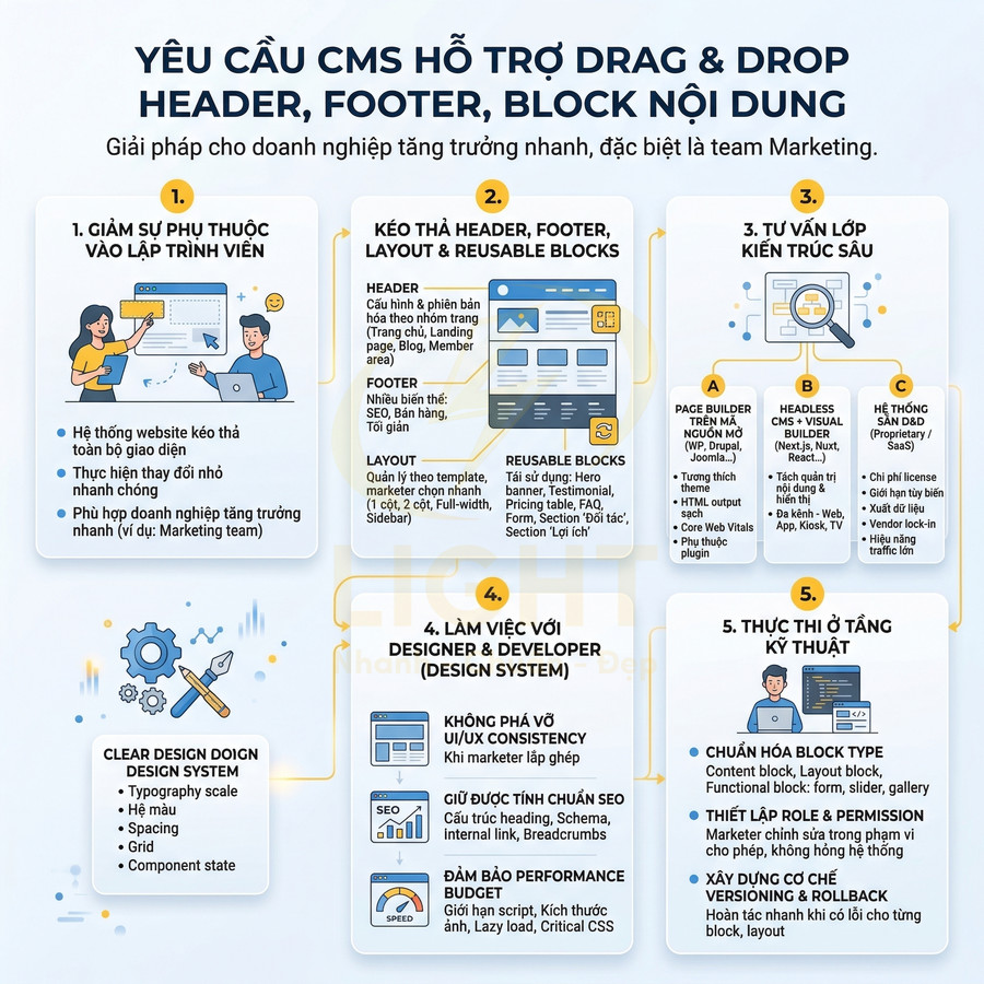 Infographic yêu cầu CMS hỗ trợ kéo thả header footer block nội dung giúp doanh nghiệp và team marketing tối ưu website