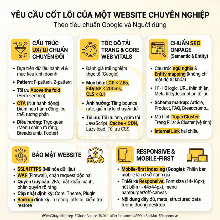 Infographic yêu cầu cốt lõi của một website chuyên nghiệp theo tiêu chuẩn Google và người dùng