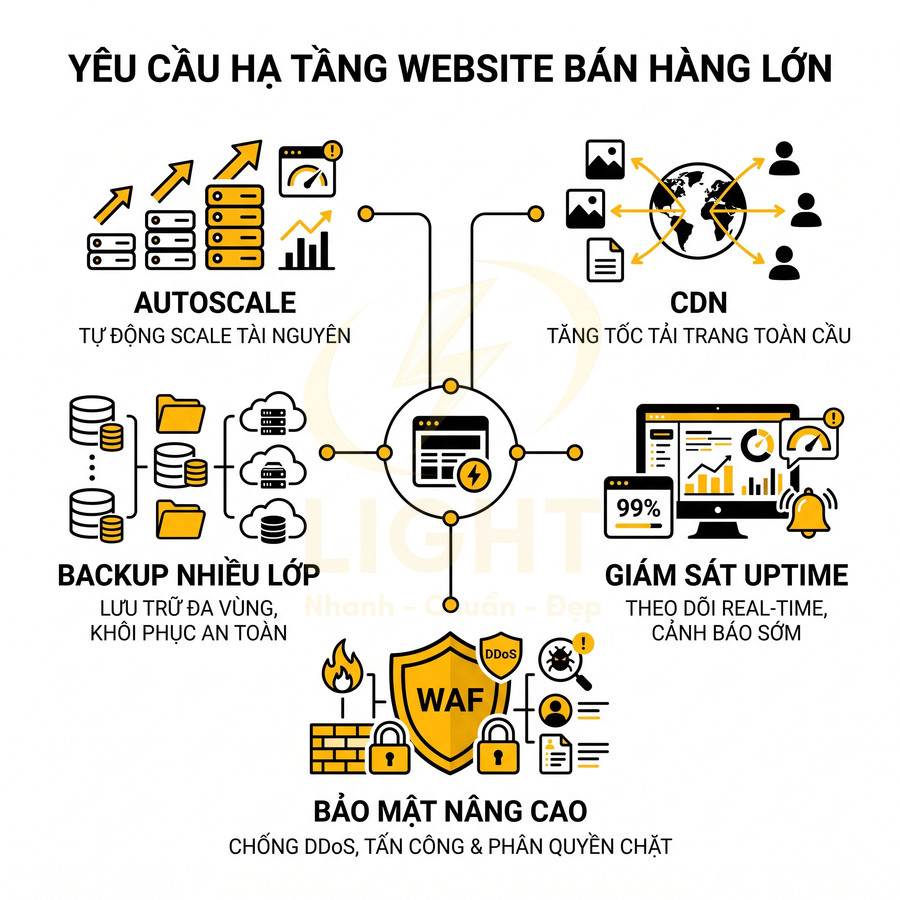 Mô hình hạ tầng website bán hàng lớn với autoscale, CDN, backup nhiều lớp, giám sát uptime và bảo mật WAF
