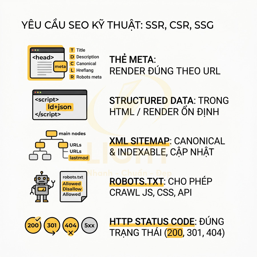 Tóm tắt yêu cầu SEO kỹ thuật với meta tag, structured data, XML sitemap, robots.txt và mã trạng thái HTTP