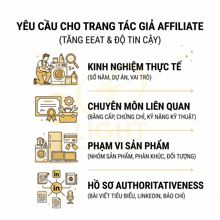 Yêu cầu xây dựng trang tác giả affiliate tăng EEAT gồm kinh nghiệm, chuyên môn, phạm vi sản phẩm và hồ sơ uy tín