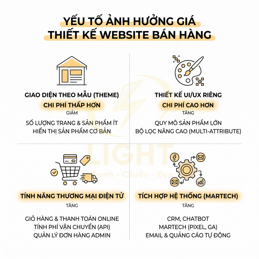 Các yếu tố ảnh hưởng giá thiết kế website bán hàng: giao diện, UIUX, tính năng ecommerce, tích hợp martech