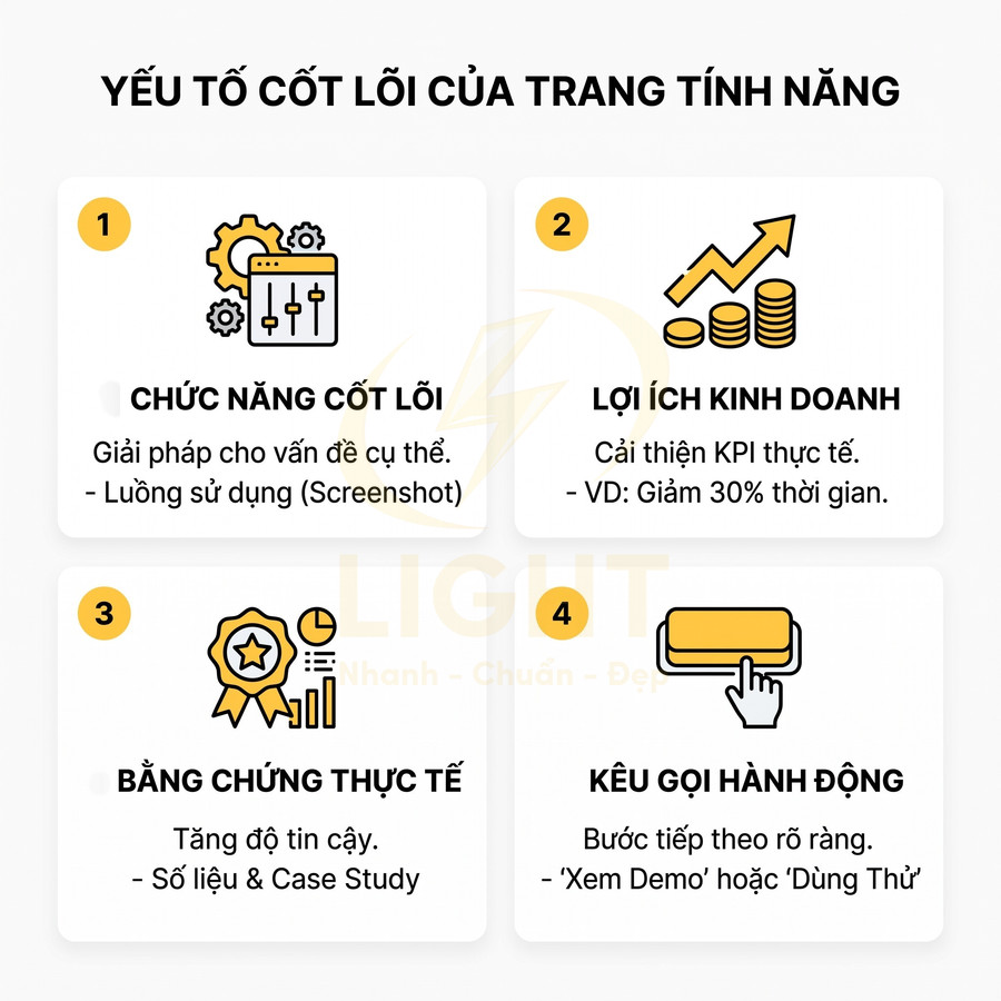Yếu tố cốt lõi của trang tính năng: chức năng cốt lõi, lợi ích kinh doanh, bằng chứng thực tế, kêu gọi hành động