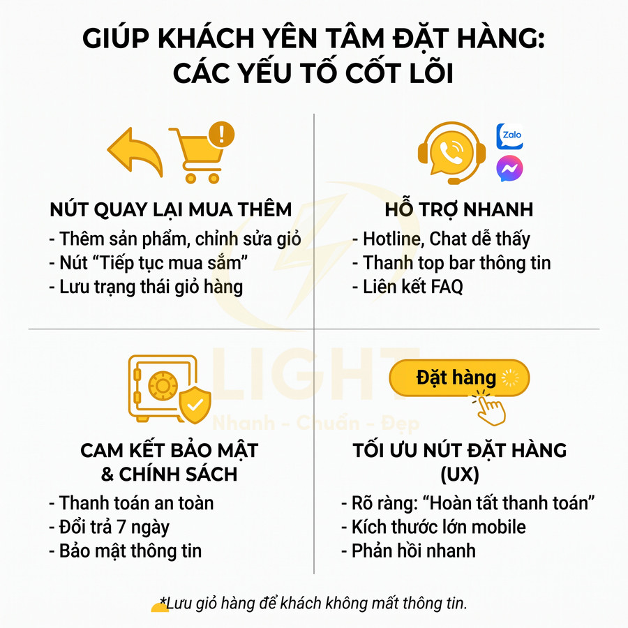 Infographic các yếu tố giúp khách yên tâm đặt hàng online như nút mua thêm, hỗ trợ nhanh, bảo mật và tối ưu nút đặt hàng
