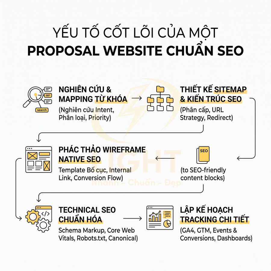 Quy trình các bước xây dựng proposal website chuẩn SEO từ nghiên cứu từ khóa đến technical SEO và tracking chi tiết