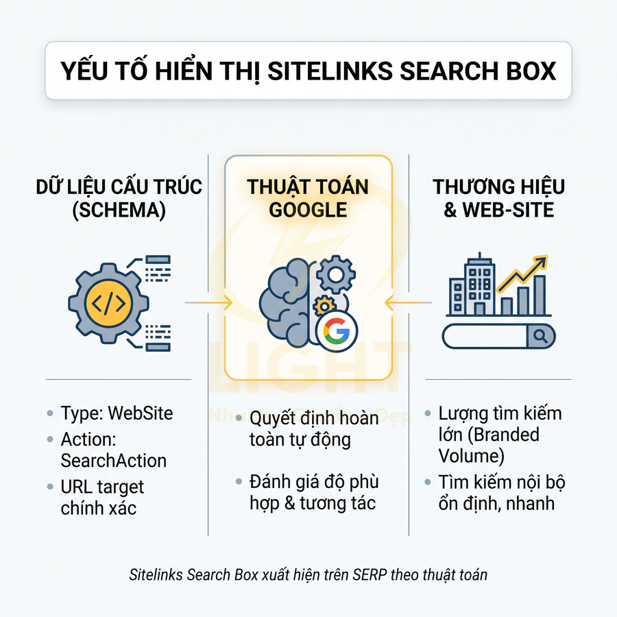 Infographic các yếu tố ảnh hưởng hiển thị Google Sitelinks Search Box: schema, thuật toán Google, thương hiệu website