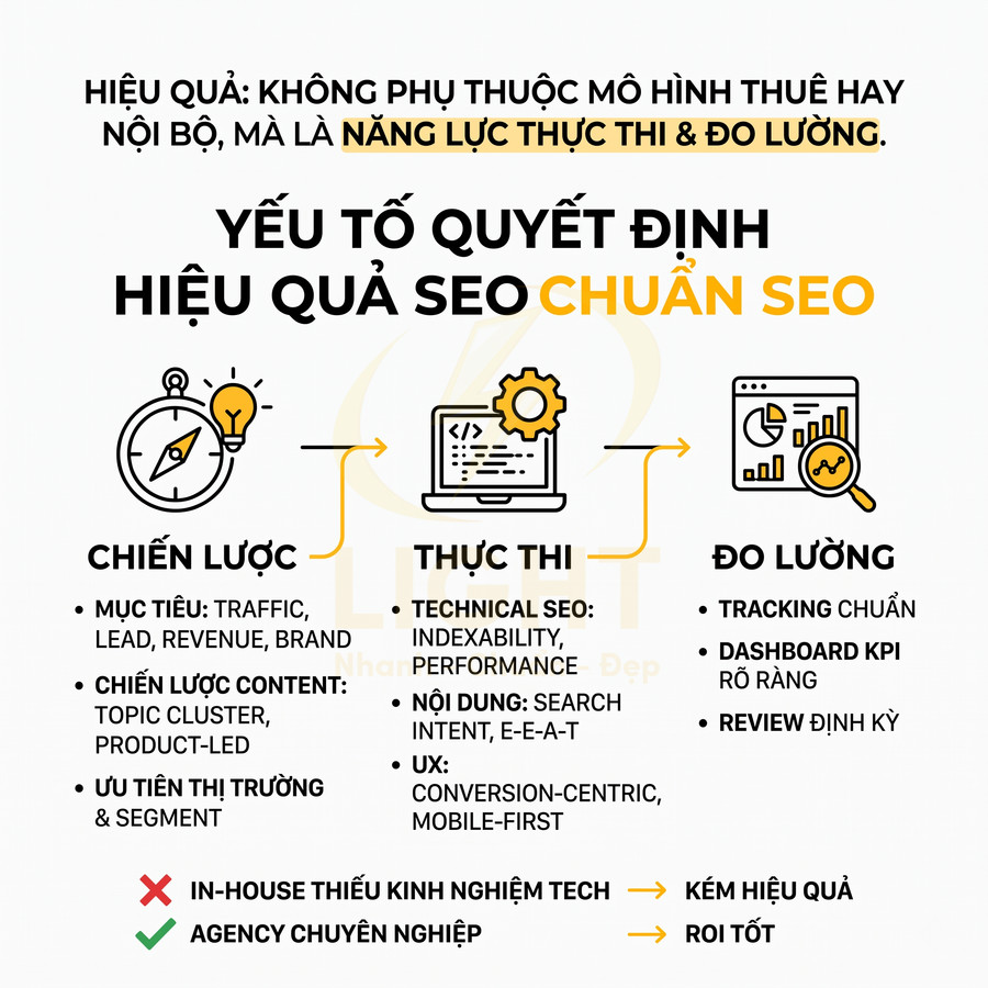 Infographic các yếu tố quyết định hiệu quả SEO chuẩn SEO gồm chiến lược, thực thi và đo lường