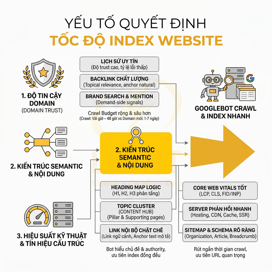 Infographic các yếu tố ảnh hưởng tốc độ index website: độ tin cậy domain, kiến trúc semantic, hiệu suất kỹ thuật