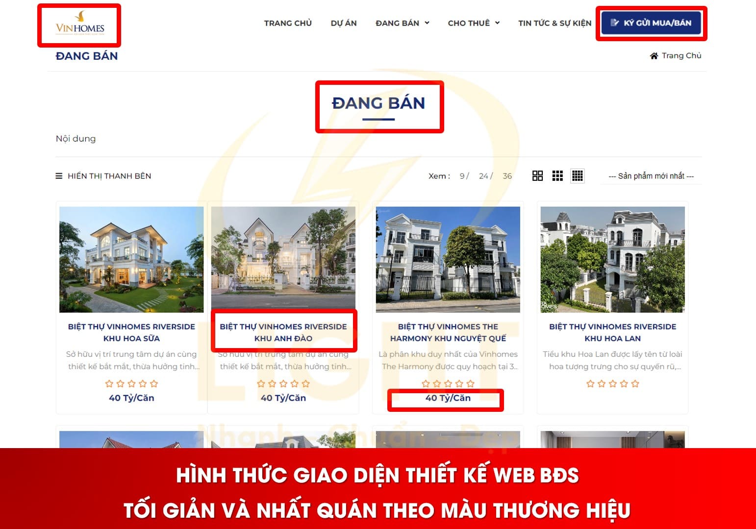 Hình thức giao diện thiết kế web bất động sản tối giản và nhất quán