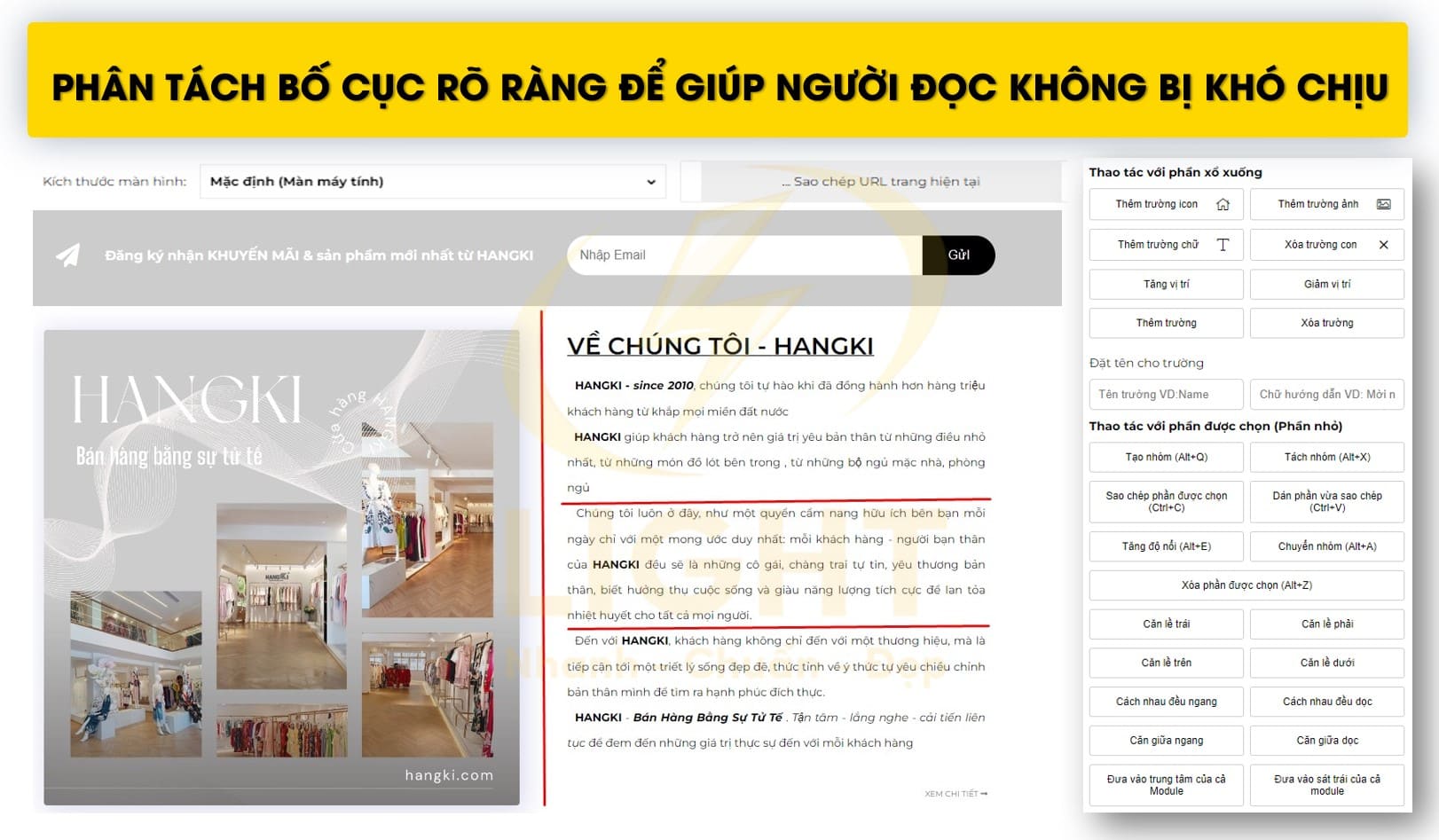 Bố cục và nội dung của website an cần được phân tách rõ ràng