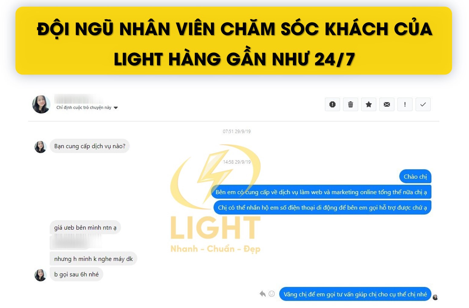 LIGHT hỗ trợ khách hàng 24/7 khi thiết kế web Quy Nhơn