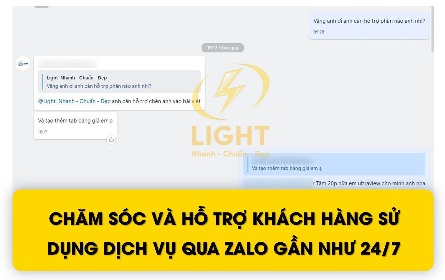 LIGHT sẵn lòng hướng dẫn khách hàng chăm sóc web 24/7