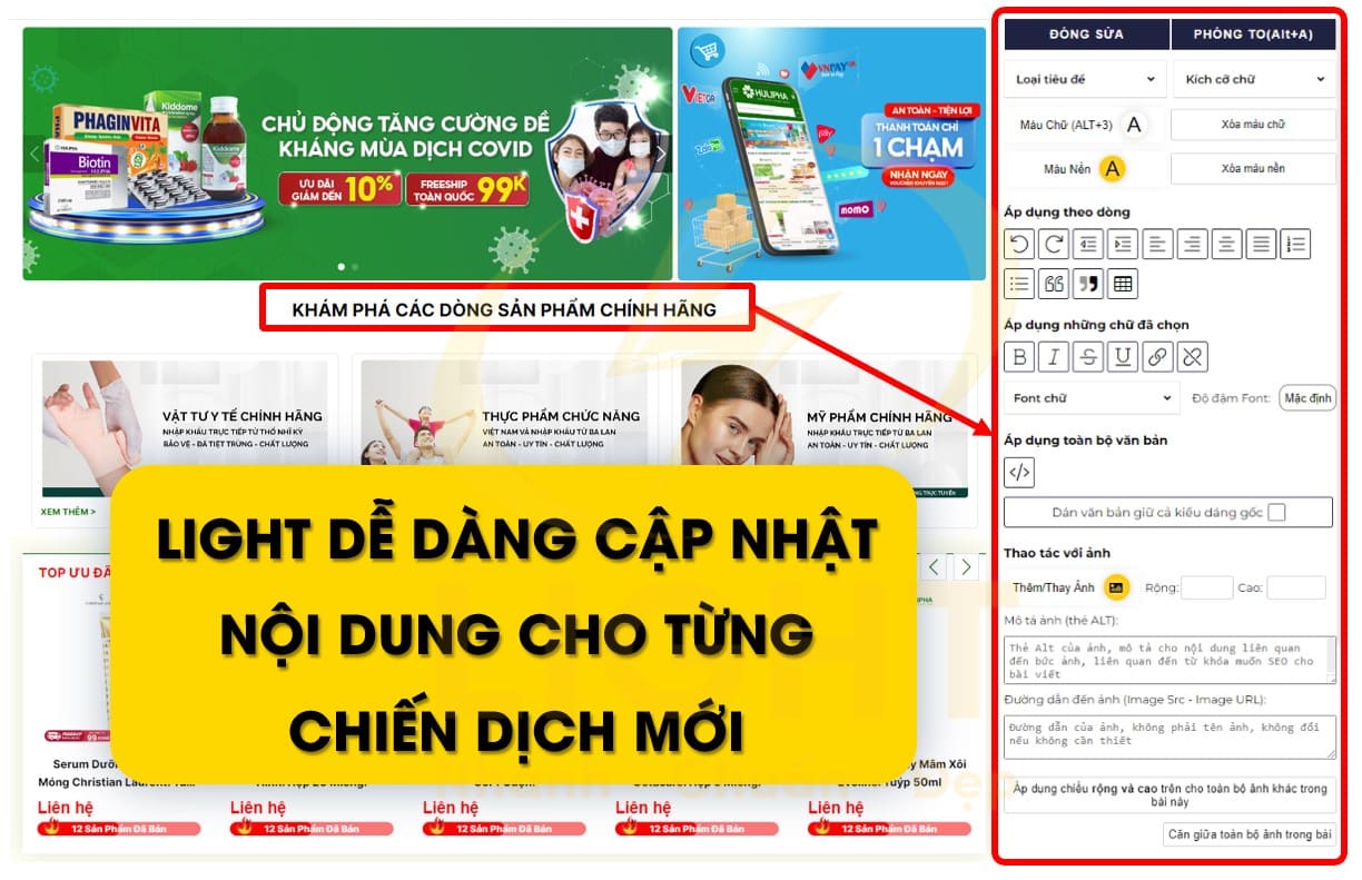 Thiết kế web bán mỹ phẩm của LIGHT dễ dàng cập nhật nội dung cho từng chiến dịch mới