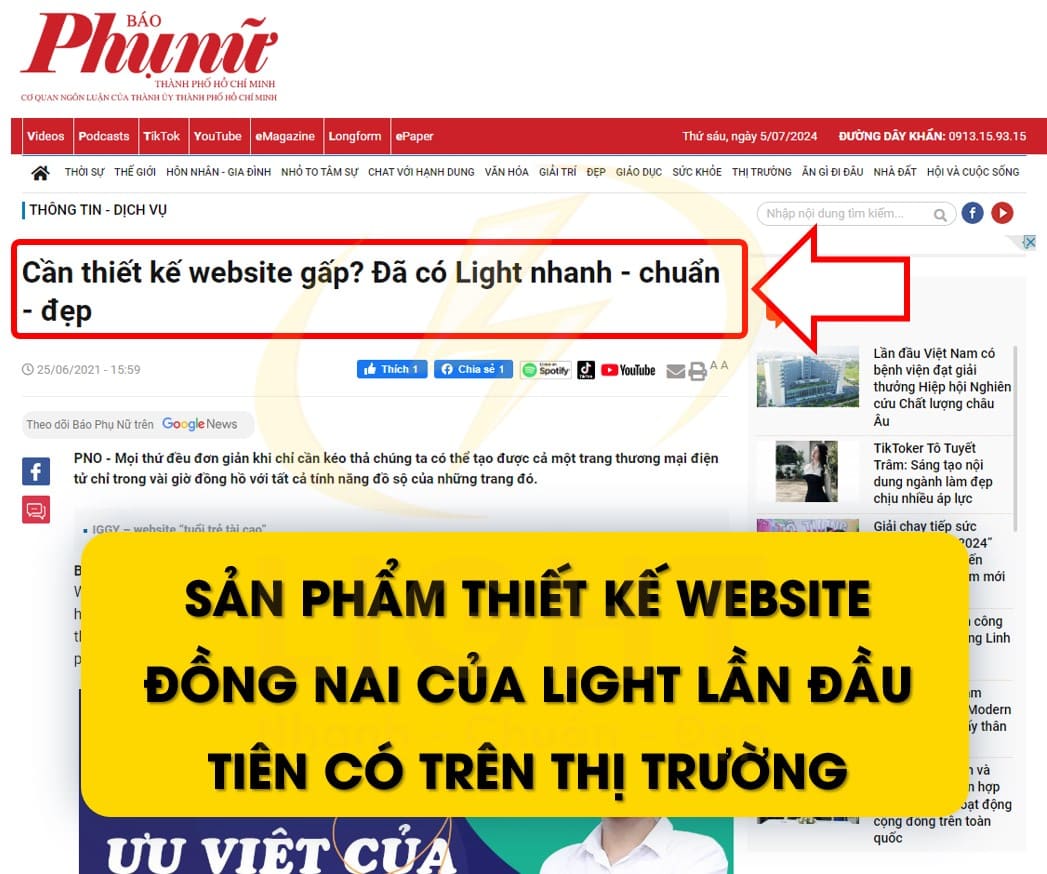 Sản phẩm thiết kế website Đồng Nai của LIGHT lần đầu tiên có trên thị trường