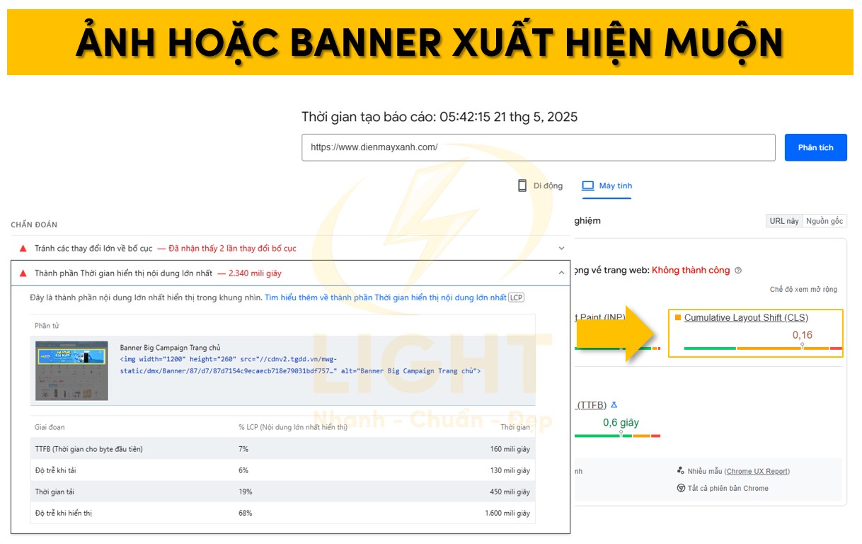 Banner hay hình ảnh nhảy ra muộn gây tăng CLS