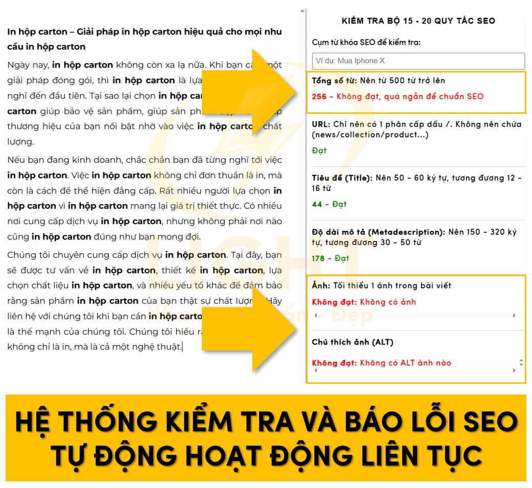 Hệ thống kiểm tra và báo lỗi SEO tự động của website chuẩn SEO Light cung cấp