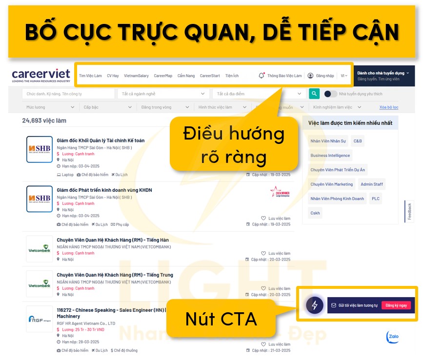 Bố cục website tuyển dụng trực quan dễ tiếp cận