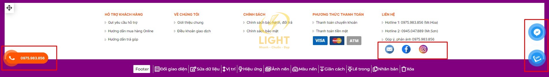 Các nút hỗ trợ Light cung cấp không chỉ chân trang mà còn đính kèm hai bên