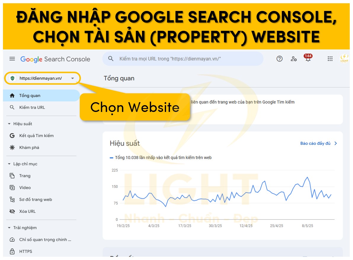 Truy cập vào Search Console và chọn tài sản website