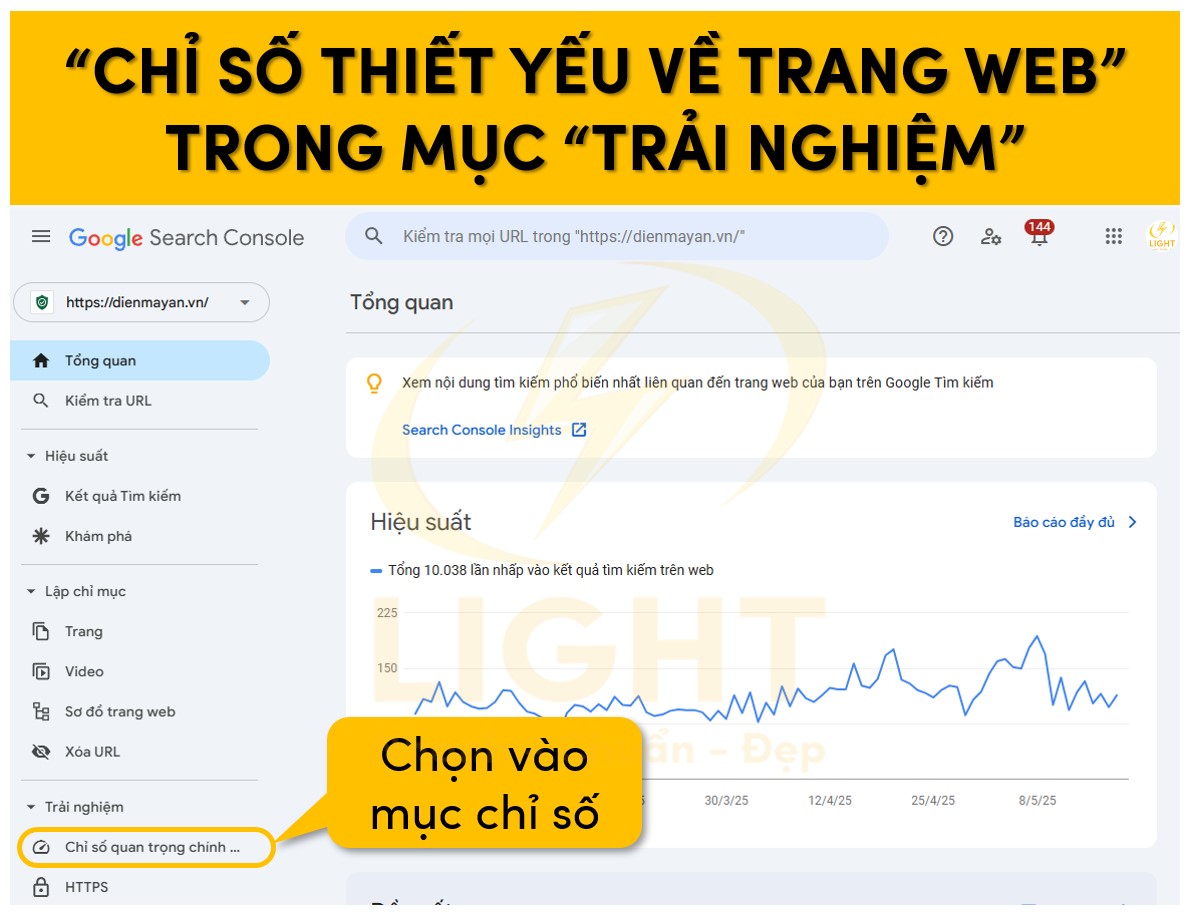 Tìm tới mục trải nghiệm và chọn vào mục chỉ số thiết yếu về trang web