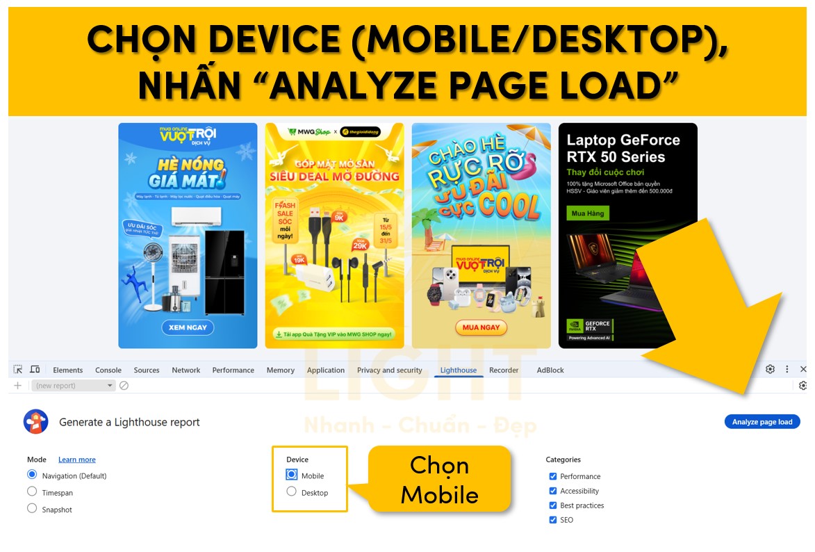 Lựa chọn thiết bị và nhấn vào phân tích trang