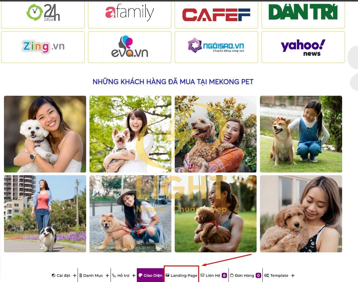 Chức năng tạo Landing page tích hợp trên thanh quản trị của LIGHT