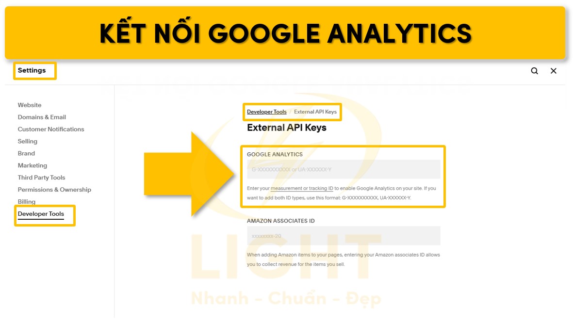 Truy cập Setting để kết nối với Google Analytics