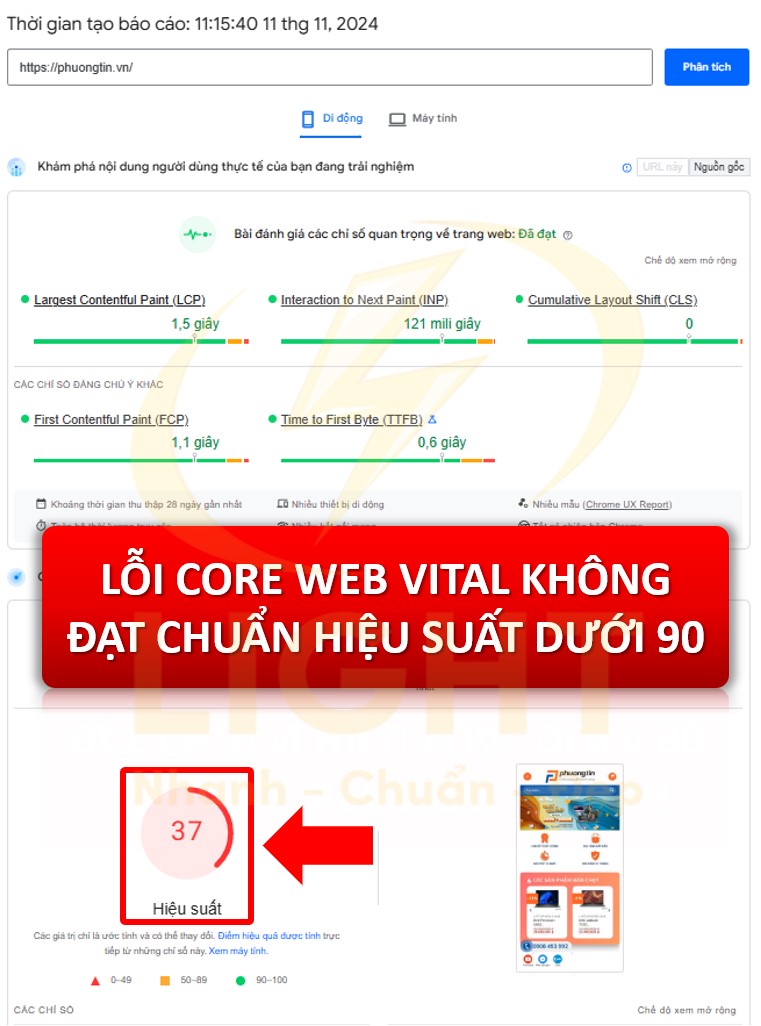 điểm hiệu suất Google Developer trên mobile < 90