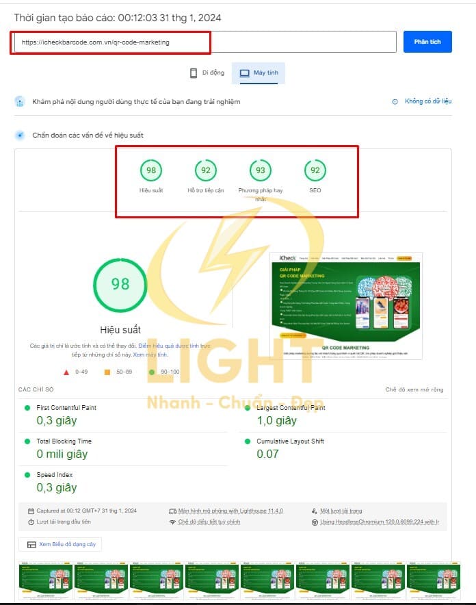 Điểm chất lượng của Icheck sử dụng nền tảng LIGHT web