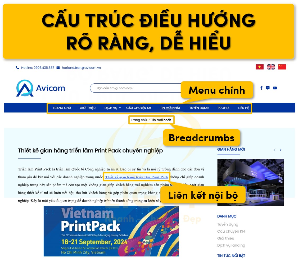 Cấu trúc điều hướng trên website rõ ràng dễ hiểu