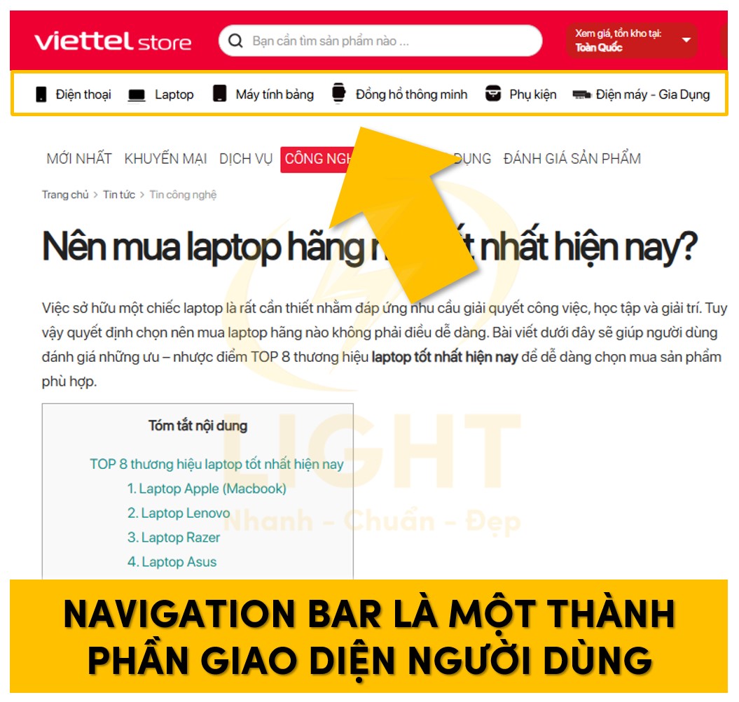Navigation Bar chiếm một phần trong giao diện của website giúp điều hướng người dùng