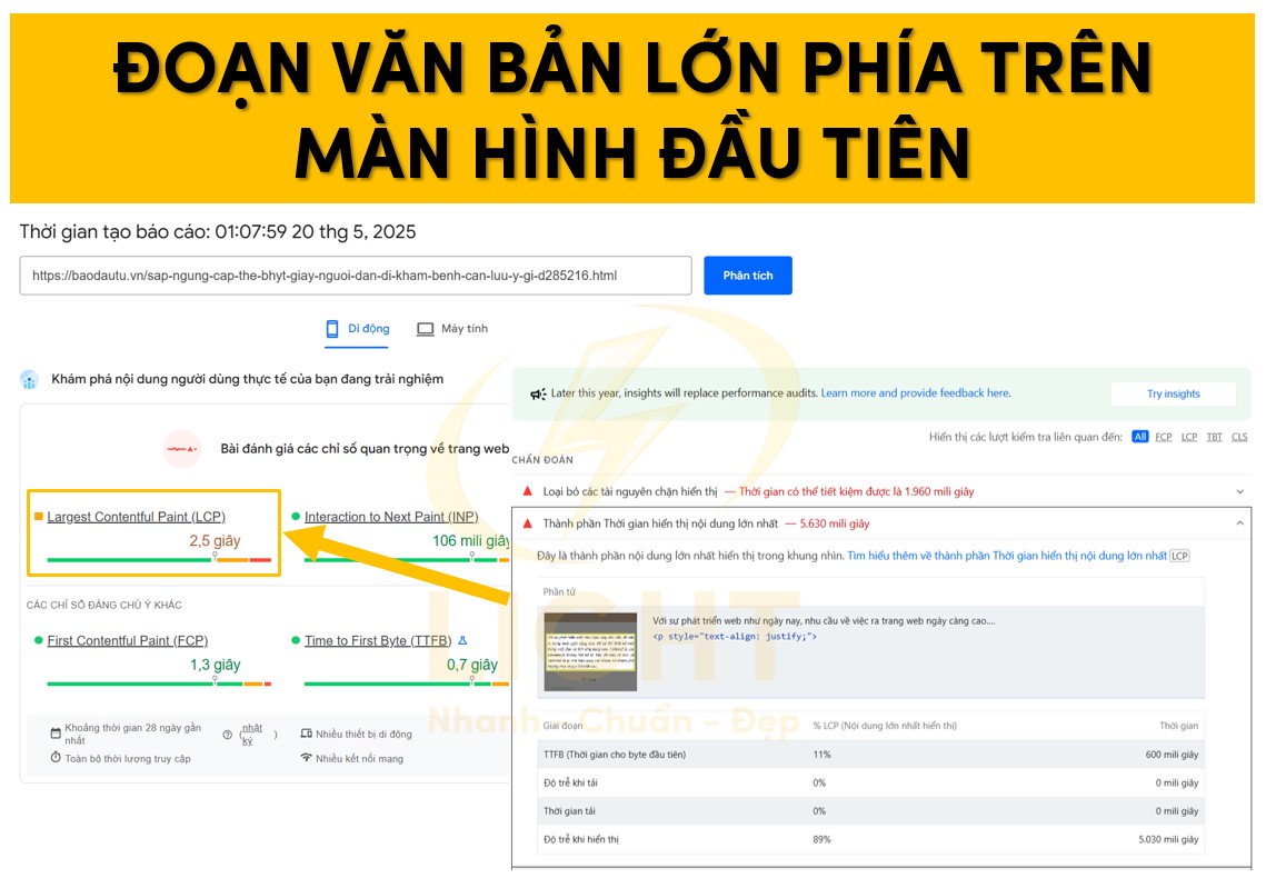 Tác động của đoạn văn lớn phía trên của khung màn hình đầu tiên tới LCP