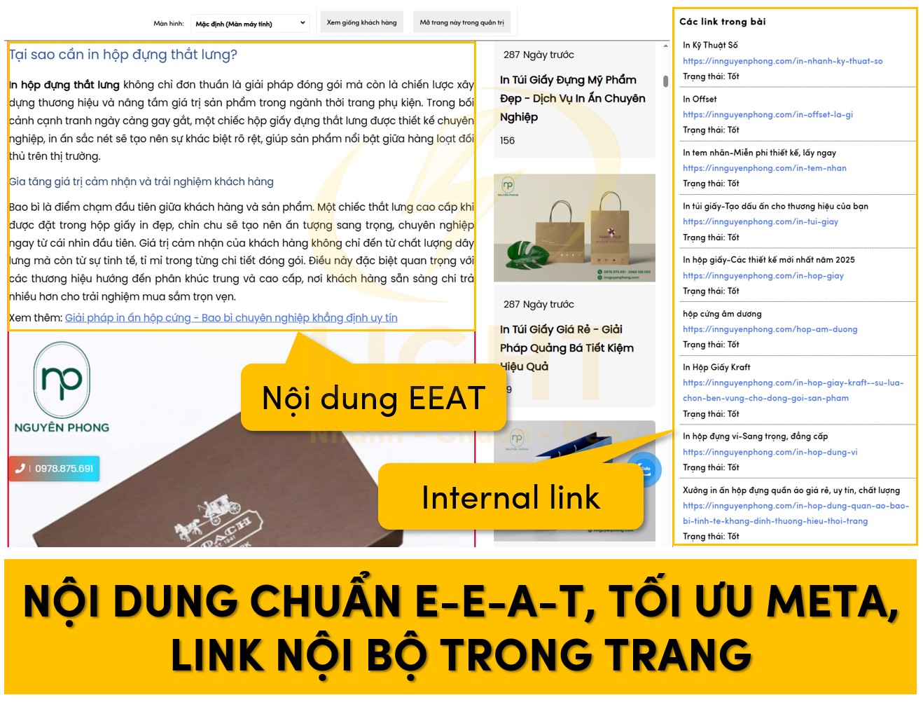 Website chuẩn SEO cần tối ưu nội dung chuẩn EEAT, Meta, và link nội bộ trong trang