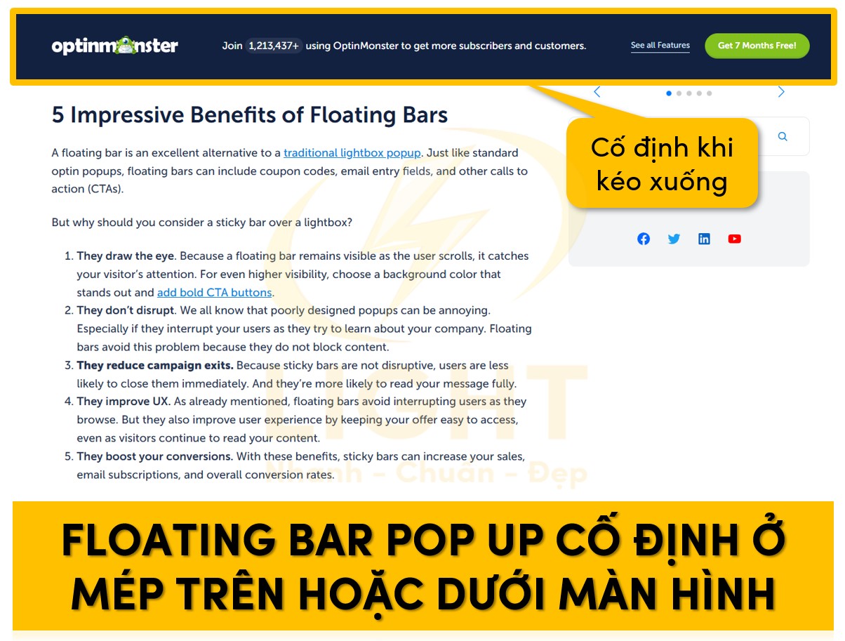 Floating bar Pop Up cố định ở mép trên hoặc dưới màn hình